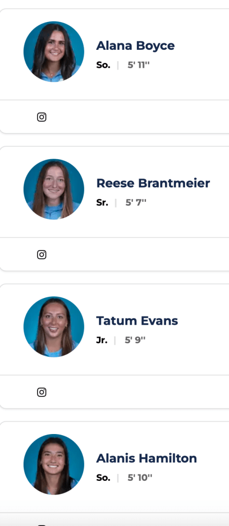 Headshots of UNC women's tennis players Alana Boyce, Reese Brantmeier, Tatum Evans, and Alanis Hamilton, displayed with their names and class years.